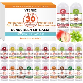 VISRIE Bálsamo Labial Con Protección Solar Spf 30, Paquete De 60 Unidades, Protector Solar Labial De Amplio Espectro Uva/Uvb Con Vitamina E Y Aceite De Coco - 10 Sabores