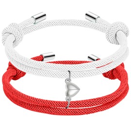 Couple Matching Bracelets for Bf And Gf, Best Friend Bracelet,Stretch Adjustable Braid Rope Bracelets Jewelry for Him and Her White and Red