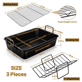 P&P CHEF 16" Roaster Roasting Pan with Baking Rack and V-shaped Rack, Stainless Steel Rectangular Lasagna Pan with Handles for Turkey Chicken, Healthy & Dishwasher Safe, 3 Pieces, Black