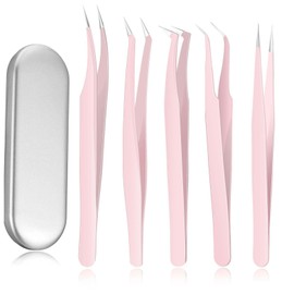 Pack of 5 Tweezers for Eyelash Extensions Eyelash Tweezers Sets with Box Eyelash Extension Volume Tweezers Stainless Steel Eyelash Tweezers Eyelash Curved Tweezers for False Eyelash Application (Pink)