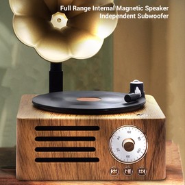 Vintage Turntable, Portable Turntable with Wood Grain and Copper Horn, FM Radio Function, Compact Bluetooth Speaker for Entertainment and Home Decoration