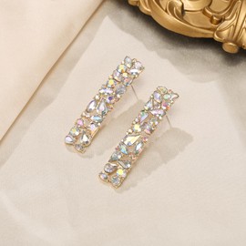 EVER FAITH Rhinestone Geometric Dangle Earrings, Sparkly Crystal Rectangle Statement Square Drop Earrings Iridescent Gold-Tone