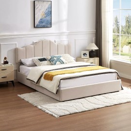 Vecelo Bed Frame Full Queen Size with USB Ports Charging Platform Upholstered Headboard - Full, Beige