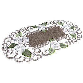 White Daisy Flowers with Green Leaves on Brown Table Runner, Dresser Scarf, Coffee Table Runner (14Wx27L)