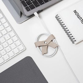 SenseAGE 5 Pack Cord Organizer, Bow Cord Keeper, Cable Organizer USB Holder, Leather Cable Management, Cable Straps, Earphone Winder, Storage Straps for Electronics, Earbuds (Moonlight Grey, Small)