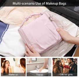 Yvey Travel Makeup Bags, Large Capacity Cosmetic Bags with Handle Design, Large Wide-open Pouch for Women Purse for Toiletries Accessories Brushes, Travel Cosmetic Organizer Bag (Pink)