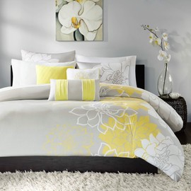 Madison Park Lola Cotton Duvet - Modern Large Floral Trendy Design, All Season Comforter Cover Bedding Set with Matching Shams, Decorative Pillows Yellow Full/Queen(90"x90") 6 Piece