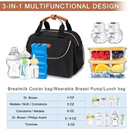 BABEYER Wearable Breast Pump Bag with Ice Pack, Fits 6 Up to 9 Oz Baby Bottle, Baby Bottle Cooler Bag Come with Waterproof Mat, Adjustable Shoulder Strap for Nursing Moms, Black