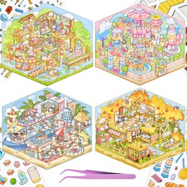 4 Sets DIY 3D Large Size Cat Theme House Sticker Scenes with Tweezers Make Your Own Amusement Park Yacht Book Bar Farm Scene Stickers Cute Micro Room Stickers for Relief Stress Pass The Time
