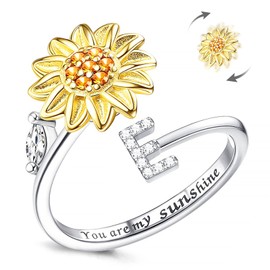 Kucheed Fidget Ring for Women, Sunflower, Adjustable Spinner Ring, Silver Stackable Anti-Stress Letter Finger Circle, Engraved 'You Are My Sunshine' Inside the Jewellery, Rhinestone