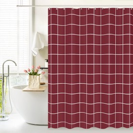 Tititex Net Burgundy Grid Plaid Minimalist Shower Curtain, White Line Simple Modern Shower Curtain Sets Decoration 71x71 Inch with Hooks