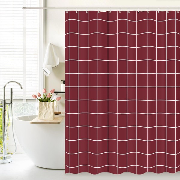 Tititex Net Burgundy Grid Plaid Minimalist Shower Curtain, White Line