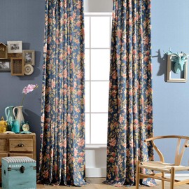 Melodieux Blooming Flower Print Vintage Style Room Darkening Grommet Curtain Drapes for Living Room Bedroom Dining Room, 52 by 84 Inch, Navy (2 Panels)