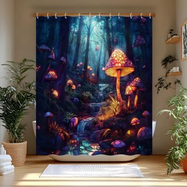 Mushroom Shower Curtain Vintage Botanical Fantasy Mushroom Forest River Fairy Tale Wonderland Polyester Bathroom Curtains Set with Hooks 70"x70"