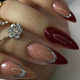 24PCS French Red Glitter Almond Medium Long False Nails with Designs, Glossy Removable Glue, Set with Stickers. Shiny Full Cover Press-on Nails for Women