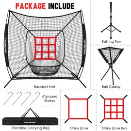 VAVOSPORT 7x7' Baseball Net Set - Portable Softball & Baseball Net for Hitting and Pitching, Batting Tee, Ball Caddy, Strike Zone, Baseball Training Equipment for Youth Practice, Games, Adult Sports