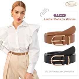 JASGOOD 2 Pack Women Leather Belts for Jeans Pants Fashion Ladies Belt with Gold Buckle,B-Black+Brown,Fit Waist Size 25"-31"