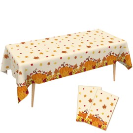 Thanksgiving Tablecloth Disposable Plastic Fall Tablecloth 2 Pcs Fall Leaves Table Cloths 54"x108" Pumpkin Rectangle Table Cover for Dinner Kitchen Home Fall Thanksgiving Party Decorations Supplies
