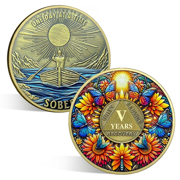 ACGZQY Sobriety Coin, 5 Year Sunflower Butterfly Sobriety Chip AA