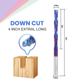 HQMaster Extra Long Spiral Router Bit Down Cut 1/4 Inch Shank Solid Carbide CNC Router Bit with Nano Blue Coating CNC Bits End Mill for Woodwork Mortise Slot Trim