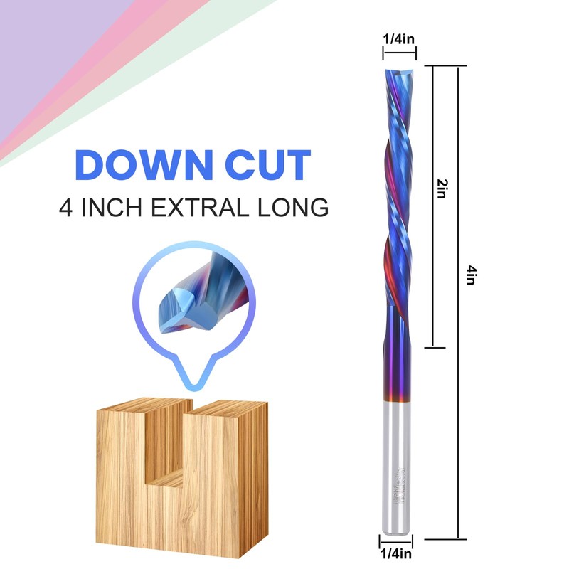 HQMaster Extra Long Spiral Router Bit Down Cut 1/4 Inch