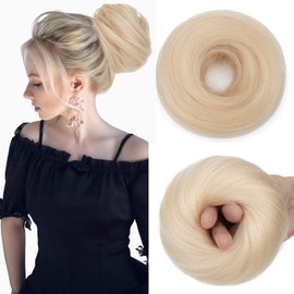 Benehair Messy Bun Scrunchie Real Hair Human #60 Platinum Blonde Straight Hair Bun Scrunchy Piece Ponytail Extension Elastic Band Scrunchies Donut 25g