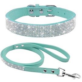 Rhinestone Dog Collar, Cute Dazzling Sparkling Soft Velvet Leather Dog Collar and Leash Set for Small Pet Dog Cat Puppy Collar (XXS:15-21 cm, Blue)