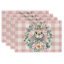DineDia Easter Placemats 18x12 Inches Set of 4, Bunny Flower Eucalyptus Leaf Wreath Table Decor, Pink Buffalo Plaid Spring Burlap Farmhouse Indoor Outdoor Holiday Decoration Mats for Home DP063-4