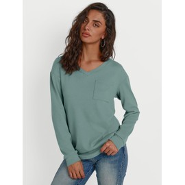 Trendy Queen Womens Long Sleeve Tops V Neck Oversized Sweatshirts Casual Shirts Fall Fashion Winter Clothes with Pocket 2024 Light Green S