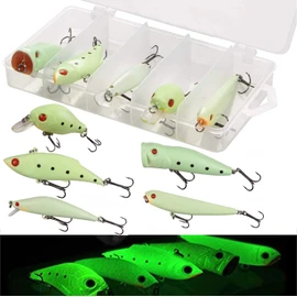 Luminous Fishing Lure Bait Set- 5Pcs Hard Lure Minnow Crankbait Pencil VIB Popper Glow Bait with Treble Hooks for Bass Walleye Pike Saltwater Freshwater