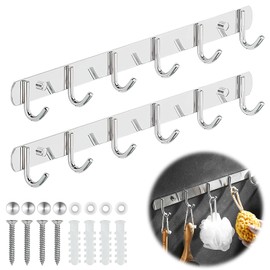 Pack of 2 Coat Hooks, Wall Coat Rack, 31 cm Hook Rack, Kitchen Hook Rack, Jacket Holder, Wall Coat Rack, with 6 Hooks, Stainless Steel Coat Hooks for Kitchen, Bathroom, Living Room and Hallway