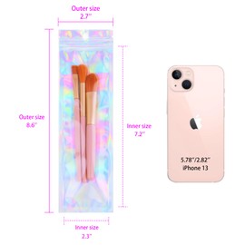 Durimoiy 100 Pieces Holographic Mylar Bags - 2.7x8.6 inch Resealable Foil Pouch Bags Long Flat Holographic Zip Bags Storage Zipper Pouch for Food, Party Favor, Jewelry, Lip Gloss, Cosmetic