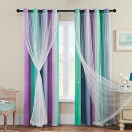 XiDi Curtains for Girls Bedroom Decor, Rainbow Curtains for Kids Room, Purple Blackout Curtains for Little Girl Room, Unicorn Wall Decals