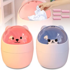 Leikurvo Pack of 2 Table Bins, 12.5 x 16 cm, Cute Mini Desktop Bin with Lid, Small Rubbish Bin, Table Waste Bin, Bathroom Waste Bin, for Home, Office, Living Room (Pink + Blue)