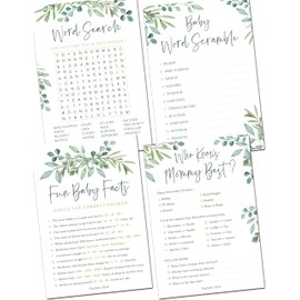 Papery Pop Baby Shower Games - Set of 4 Games for 25 Guests - Double Sided Cards - Eucalyptus