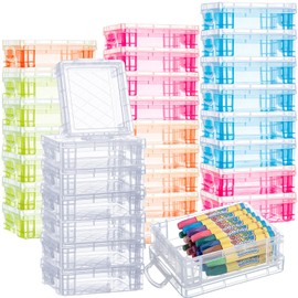 Suzile 32 Pcs Plastic Crayon Box with Snap Lids Bulk Stackable Crayon Storage Box Pen Pencil Container for Organizer Craft School Classroom Office Supply (Clear, Red, Blue, Green, Orange)