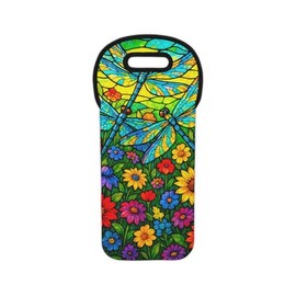 Queen of Wrap Vibrant Dragonfly Wine Tote Bag, Colorful Floral Insulated Carrying Sleeve, Gift for Wine Lovers