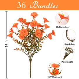 Waipfaru Fall Flowers Artificial for Decoration, 36 Bundles Fake Fall Flowers, UV Resistant Artificial Petunias Plants for Outdoors, Home Decor Planter Porch Decoration, Pot Not Include, Green Orange
