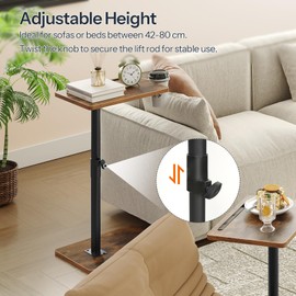 HOOBRO TV Tray Table, 360° Swivel Side Table Sofa Armrest Tray for Couch, Height Adjustable C Shaped End Table, Coffee Snack Desk with Cup Holder, for Small Spaces, Rustic Brown and Black BF234BZ01