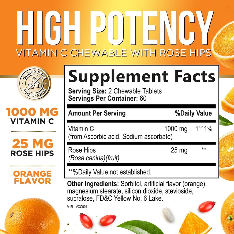 Vitamin C 1000mg Chewable Supplement - Extra Strength Immune Support