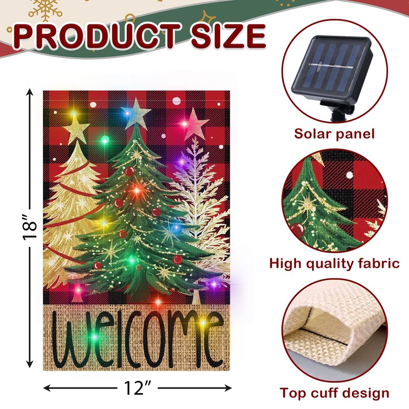 Lighted Christmas Garden Flag 12x18 Double Sided, 8 Modes Solar