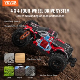 VEVOR Remote Control Car 1:18 Scale RC Car for Adults, 36 km/h High Speed, All Terrain Waterproof IPX4 Electric 4WD Off-Road Monster Truck with 2 Batteries Hobby RC Truck Xmas Gift for Adult and Boys