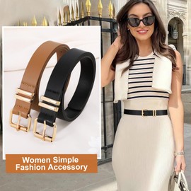 LEACOOLKEY 2 Pack Women Belts for Jeans,Ladies Leather Waist Belt for Pants Dresses with Gold/Silver Buckle,balck+brown,fit waist size 33"-37"