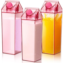 Remerry 3 Pcs 34oz Milk Carton Water Bottle Square Milk Bottle Plastic Coffee Milk Carton Bottle Portable Reusable Milk Carton Cup Leakproof Carton Shaped Juice Bottle (Pink)