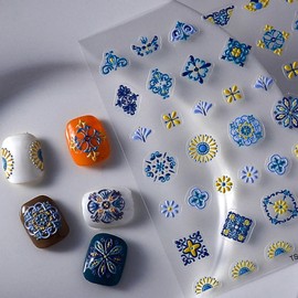 Bohemia Nail Stickers for Nails Art Blue Flower Nails Decals 5D Embossed Nail Stickers Self Adhesive Design Supplies Charm for Women Manicure Art Decorations Accessories