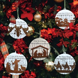Set 5 Christian Christmas Tree Ornament, Rustic Wooden The Nativity Scene Story Set Cross Ornaments, Music Sheet Christian Gifts, Religious Jesus Decoration, Friendship Elephant Ornament