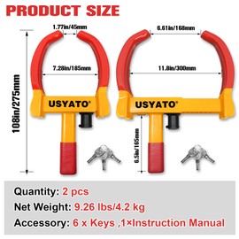 USYATO 2Pcs Universal Heavy Duty Wheel Lock - Anti Theft Trailer Lock & Car Boot, Adjustable Security Tire 11.4" for Trailers, Cars, Golf Cart, ATV, SUV, RV, Boat, Camper, Motorcycle,6 Keys,Yellow+Red