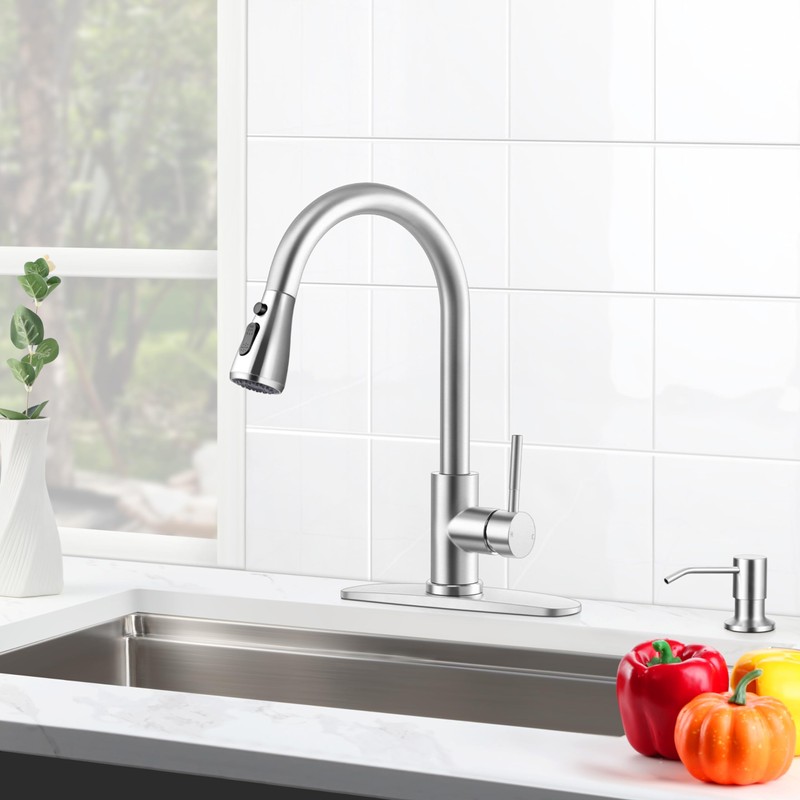 Herogo Brushed Nickel Kitchen Sink Faucet Set with Pull Down