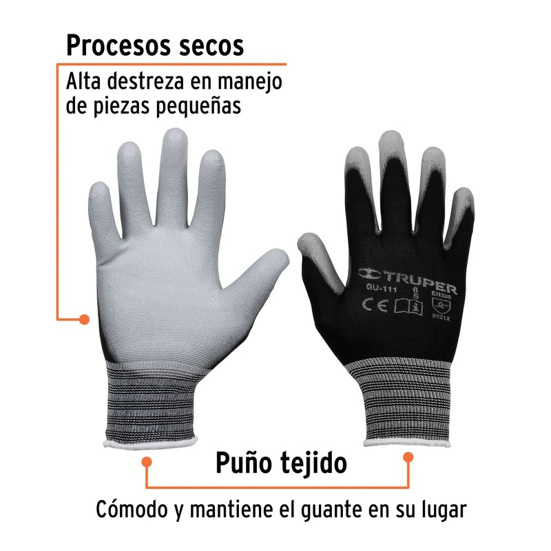 Truper GU-111, Guantes de nylon recubierto de poliuretano, puño tejido,