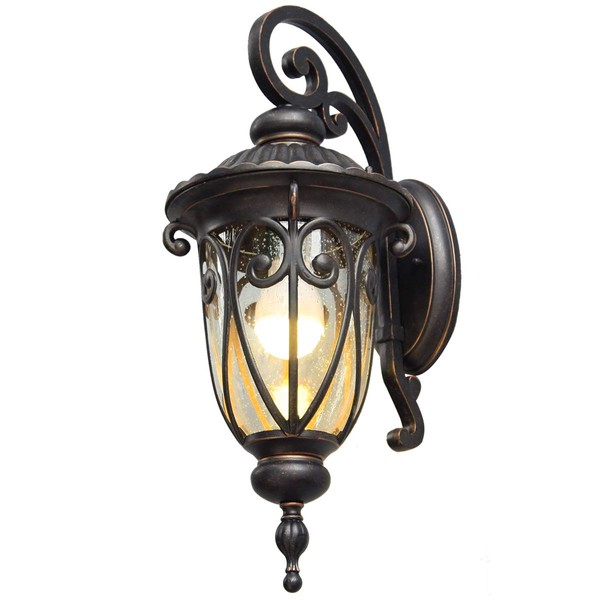 GOALPLUS Outdoor Porch Light with Wall Mount, 18" High Antique Bronze Wall Lantern One-Light E26 Exterior Waterproof Wall Sconce with Clear Seeded Glass Shade, E26 60W, LM0519-DN-S
